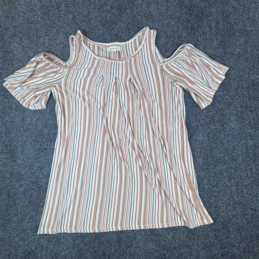 Max Studio Cold-Shoulder Top Womens Small Multicolor Striped Pleated Jersey‎